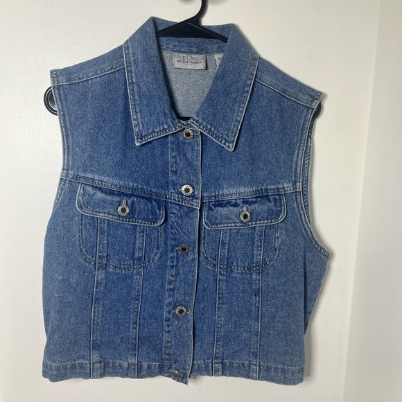 Vintage Paul Harris Denim Sleeveless Jean Vest Medium 90s Button Front - Picture 2 of 6